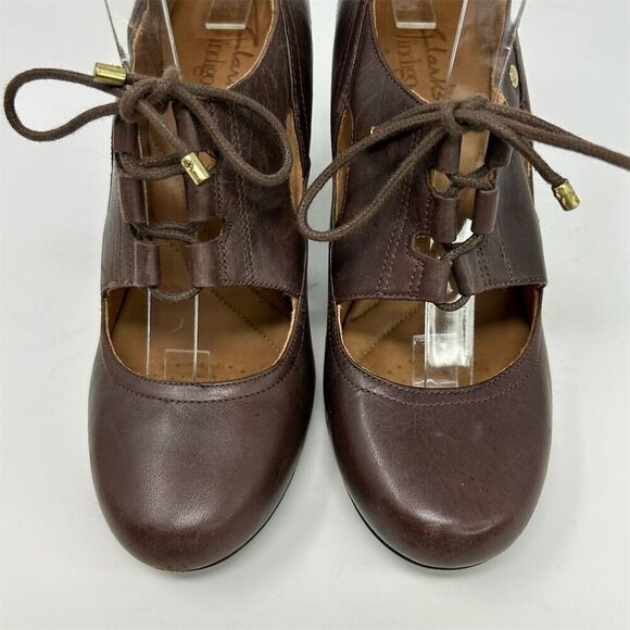 Clarks Indigo Women's Brown Leather Lace-Up Block Heel Shoes Size 7 Round Toe - Picture 5 of 12